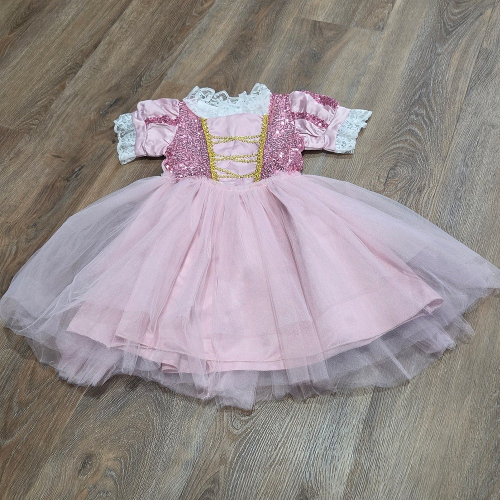 Trish Scully Child Pink Sequin Princess Dress Gold Trim Lace Collar Girls Size 6